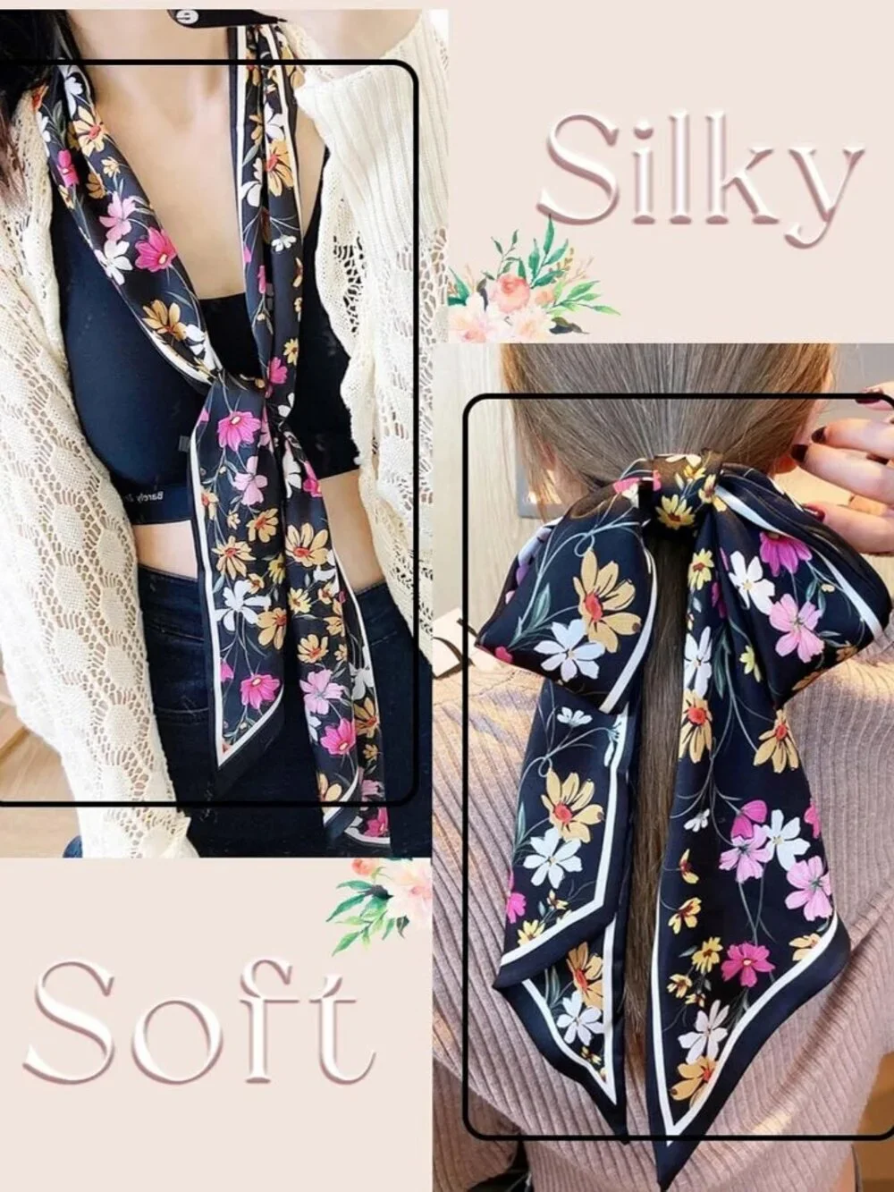 Women's Daisy Rice Black Fashion  Elegant Oblique Angle Scarves Bag Scarfs